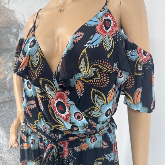 Ann Taylor Loft Floral Cold Shoulder Maxi Dress Navy Blue Large Wrap Tie Waist - Picture 15 of 16